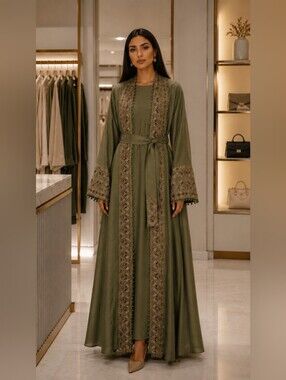 Olive Embroidered Long Sleeve Women’s Abaya Dress by